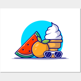 Watermelon, Orange, Ice Cream And Glasses Cartoon Vector Icon Illustration Posters and Art
